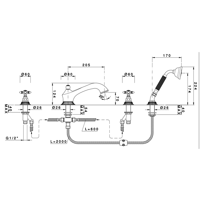 Nicolazzi Impero Смеситель на борт ванны, 4 отв., излив: 205 мм, с ручным душем, цвет: хром