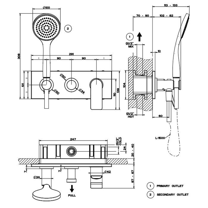 GESSI Rilievo Встраиваемый смеситель для ванны на 2 источника, с душевой лейкой и переключателем (внешние части), цвет: nero XL