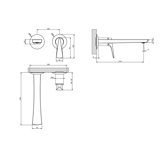 GESSI  VENTAGLIO Внешняя часть настенного смесителя для раковины, цвет: Matte Black GESSI  VENTAGLIO Внешняя часть настенного смесителя для раковины, цвет: Matte Black