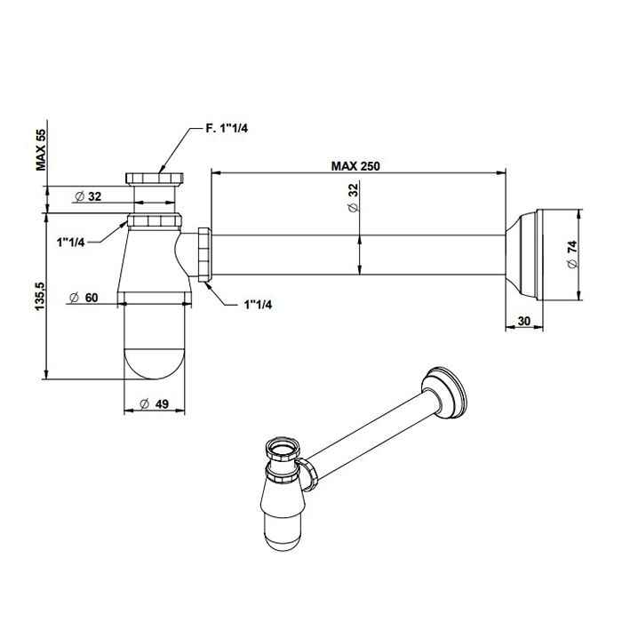Bongio Complements Сифон бутылочный под донный клапан 1.1/4” с трубкой 300 мм, цвет: хром