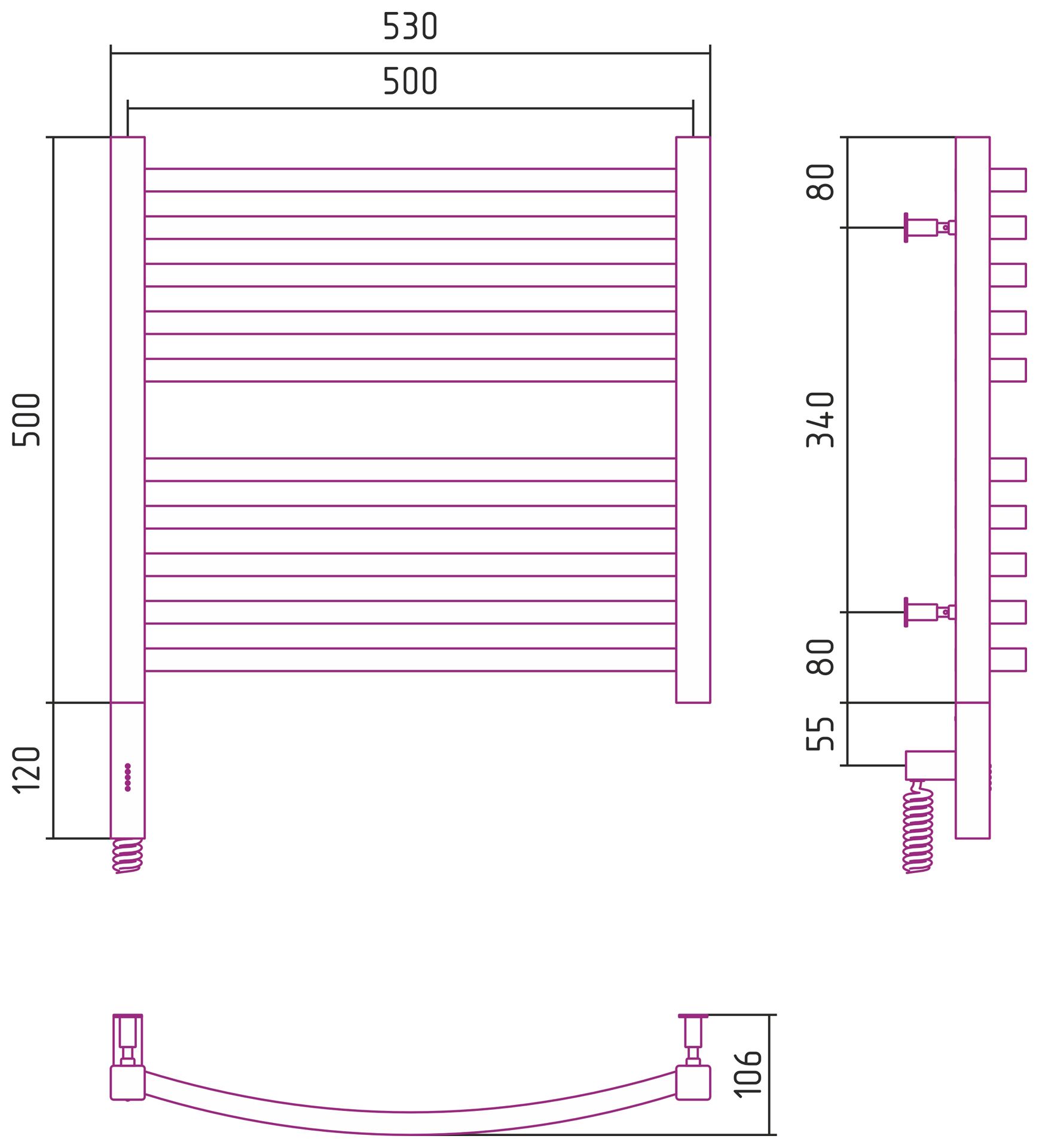 Полотенцесушитель, Сунержа, Аркус 3.0, электрический, ширина, мм-530, глубина, мм-106, высота, мм-620, межосевое расстояние-500, перемычка-выгнутая, подключение-нижнее слева, электрокомплект-МЭМ, мощность, Вт-300, материал-нержавеющая сталь, назначение-си