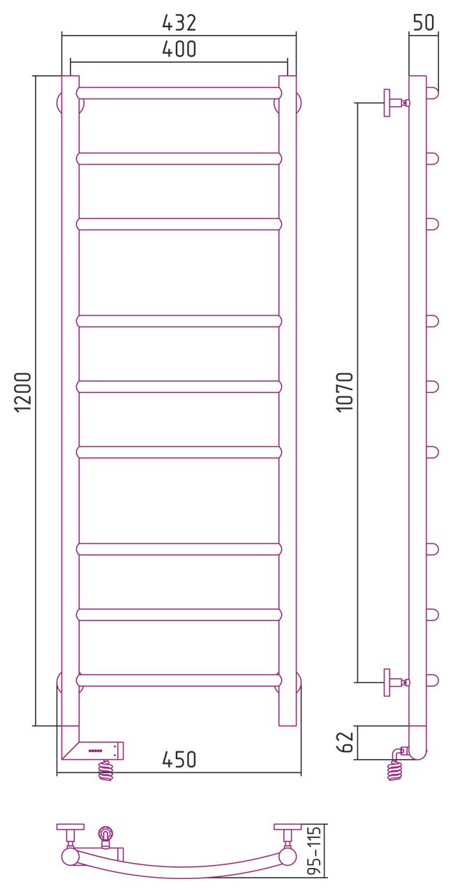 Полотенцесушитель электрический "ГАЛАНТ 2.0" 1200х400 / МЭМ левый (Без покрытия)