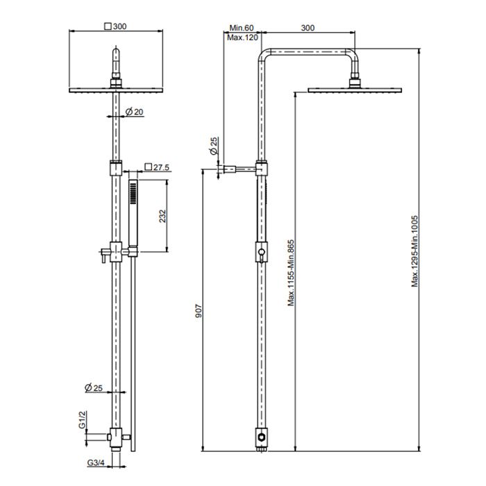 FIMA|Carlo Frattini Wellness Душевая стойка с верхним душем 300х300 мм. и душевым комплектом, цвет хром