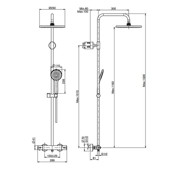 FIMA|Carlo Frattini Душевая стойка с термостатическим смесителем, верхний душ из ABS Ø250 мм., ручной душ и шланг 1500 мм., цвет хром
