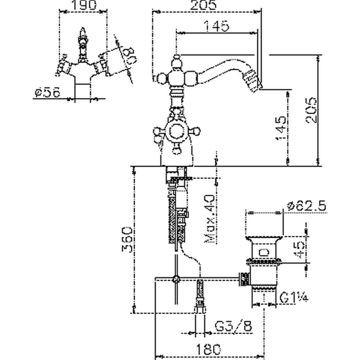 HUBER Victorian Термостат двухвентильный для биде на 1 отверстие с донным клапаном и поворотным изливом, цвет никель мат