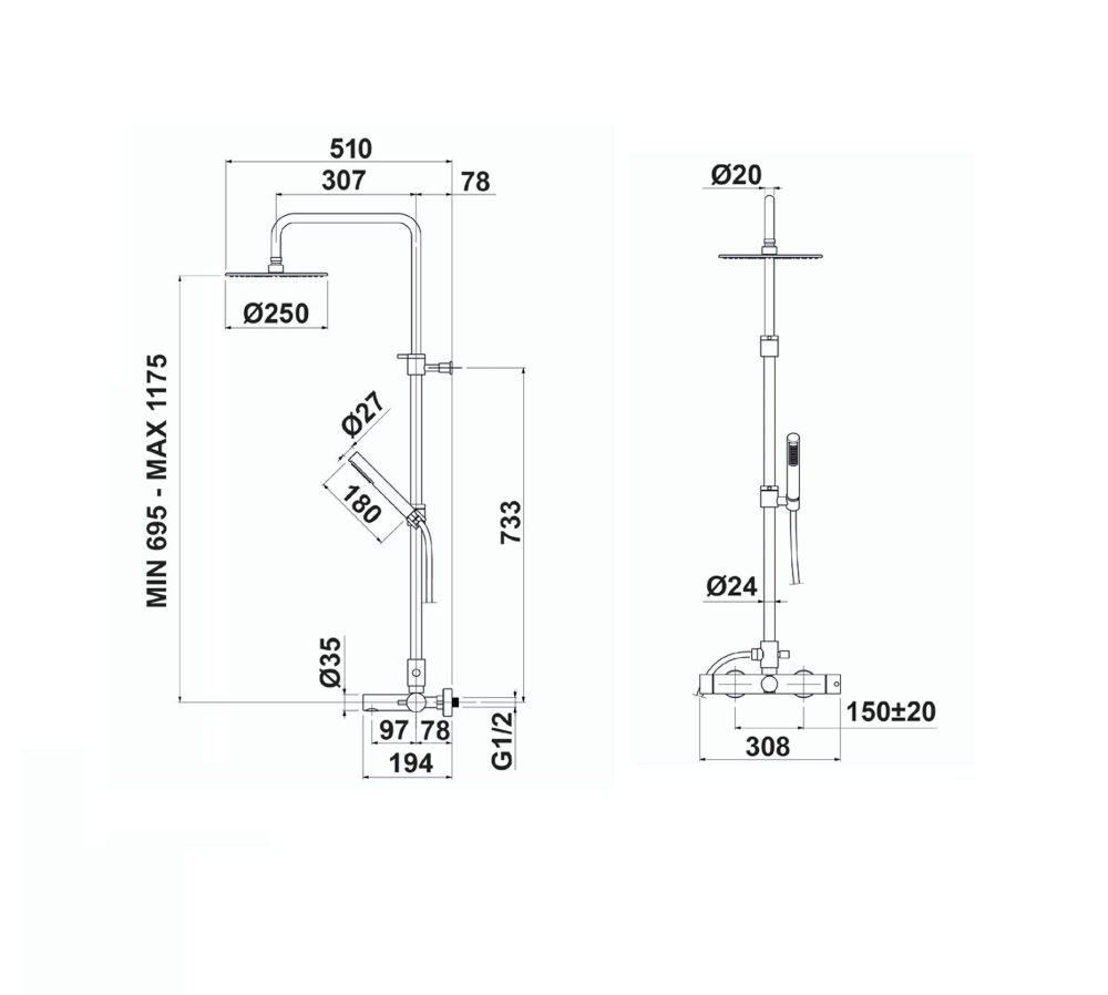 Oioli Micro, душевая телескопическая колонна 69.5-117.5 см: с изливом и верхним душем Ø25 см из латуни, цвет хром, артикул MICD048RO/C00