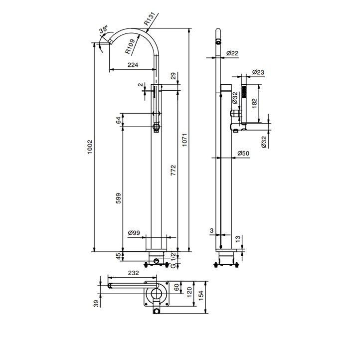 FANTINI AA/27 Напольный смеситель для ванны с ручной лейкой и шлангом ,(наружная часть) цвет Matt Gun Metal PVD