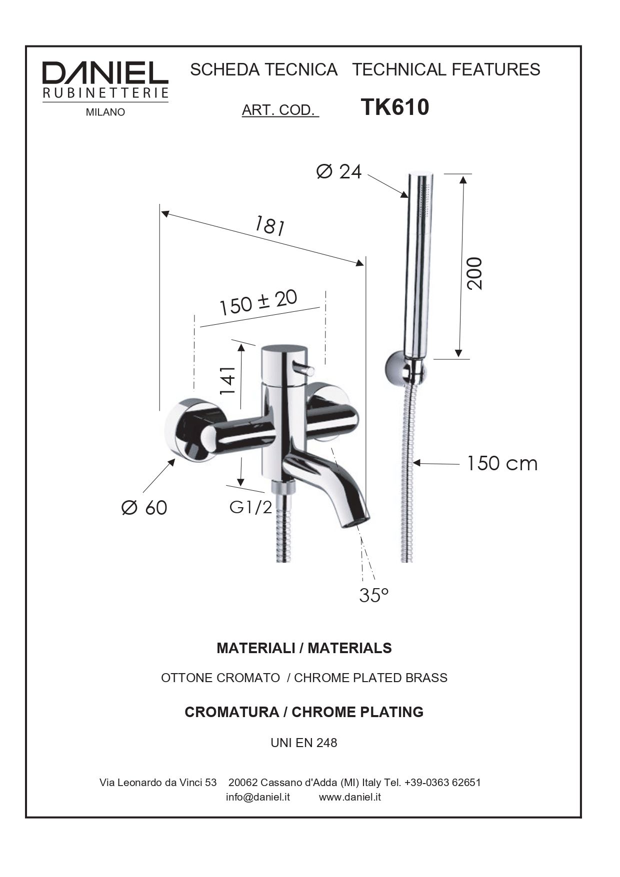 Daniel Tokyo, однорычажный смеситель для ванны c набором для душа, цвет матовое золото