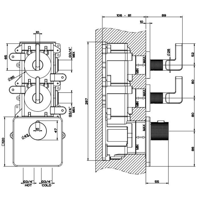 GESSI INCISO Встраиваемый термостатический смеситель на 2 источника, резьба 3/4" (внешние части), цвет: nero XL