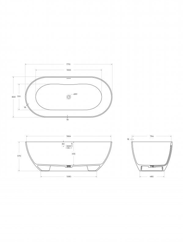 Ванна из искусственного камня Solid Surface 1700x800x575, BELBAGNO BB-ETNA-170-80-58-SSB, артикул BB-ETNA-170-80-58-SSB
