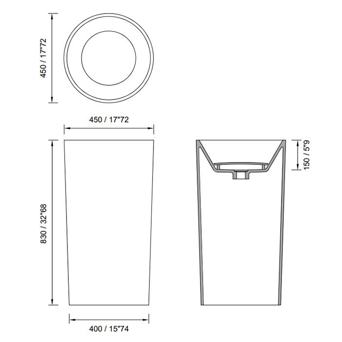 MOMA DIAMOND TOWER Раковина Ø450 мм., отдельностоящая, слив в пол, с донным клапаном, цвет белый матовый