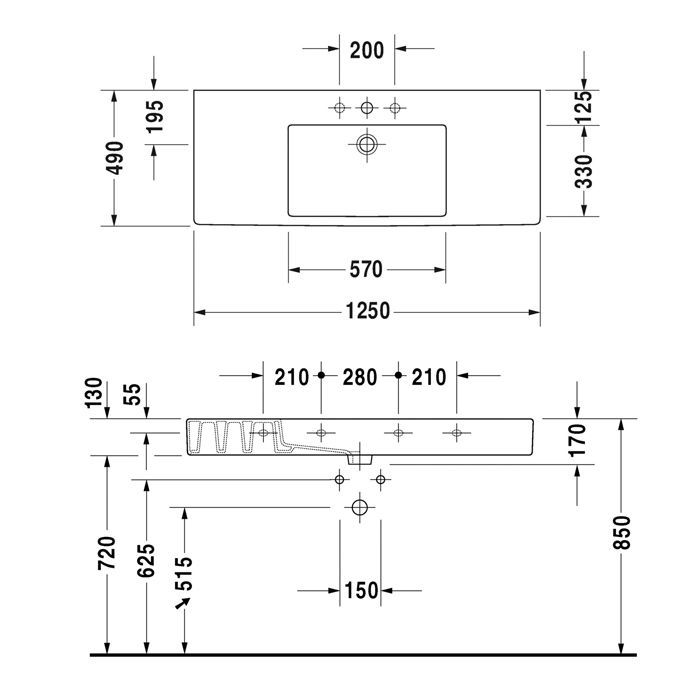 Duravit Vero Раковина для мебели с перел., с 1 отв. под смес., 1250x490мм, Цвет: Белый