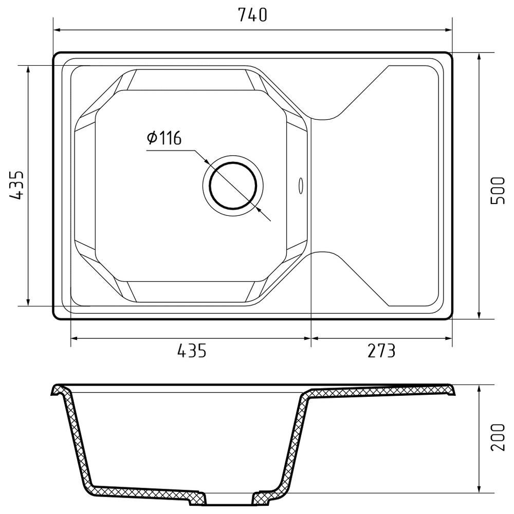 Кухонная мойка GranFest UNIQUE 740L, кашемир, артикул U-740L кашемир