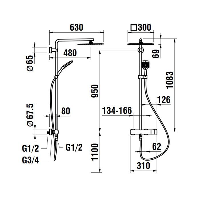 Laufen New Cityplus Душевая стойка с верхним душем 300x300 мм и термостатическим смесителем, ручной душ MyCity120 и шланг¶пвх 1,5 м в комплекте, хром