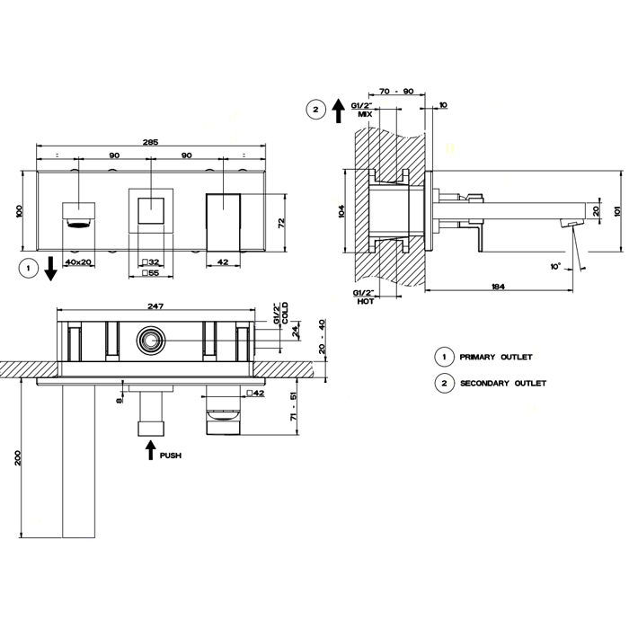 Gessi Rettangolo Встраиваемый смеситель с изливом и переключателем PUSH(внешние части), цвет: хром