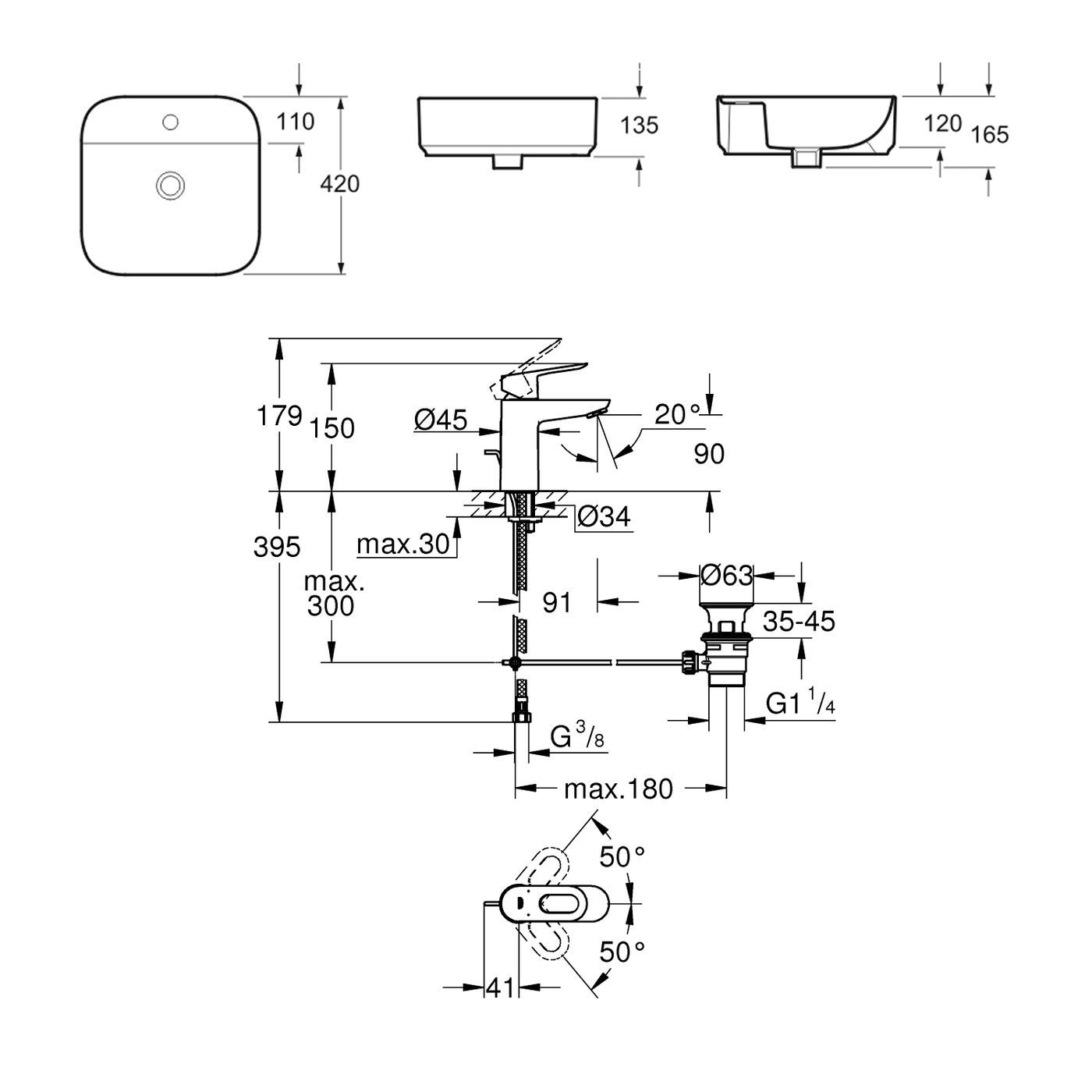 Комплект 2 в 1 Lavinia Boho Bathroom Sink Slim 21510384, накладная фарфоровая раковина 42 см, смеситель с донным клапаном