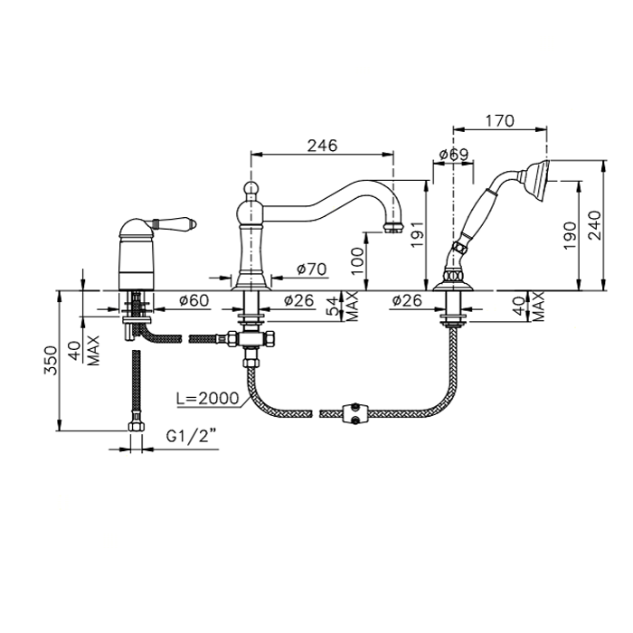 Nicolazzi El Capitan Смеситель на борт ванны на 3 отверстия, с изливом 246мм и ручным душем, цвет: хром