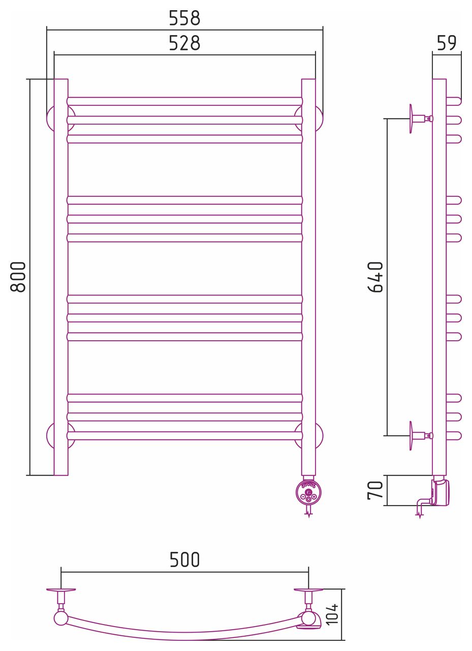 Электрический полотенцесушитель СТИЛЬЕ "Формат 10 ТП" 800х500 (3+3+3+3) Г16 (Без покрытия)