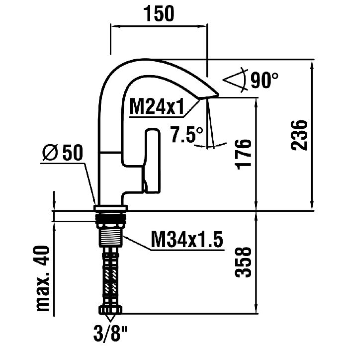 Laufen Curveprime Смеситель для раковины однорычажный, поворотный излив 150 мм, без донного клапана, хром, артикул 3.1170.1.004.220.1