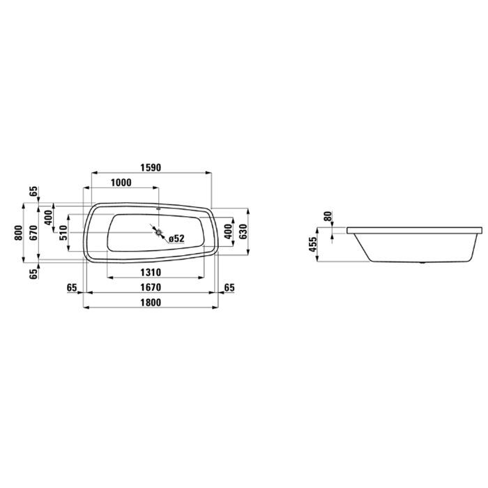 Laufen Palomba Ванна 1800x800x455мм, встраиваемая, ассиметричная, без слив-перелива, борт 80мм, материал: акрил, цвет: белый