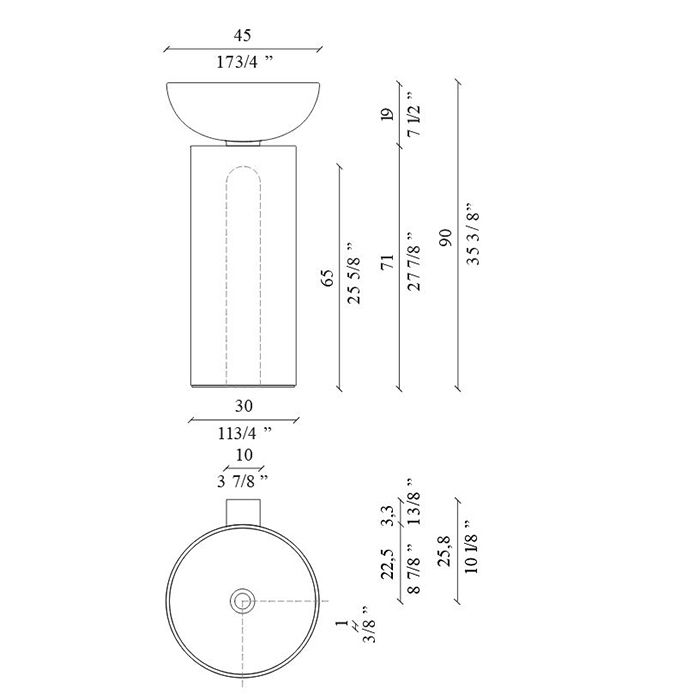 MILLDUE SABA 45 Раковина напольная Ø450x900 мм., слив в стену, без отв. под смеситель, цвет: Caolino (цемент)