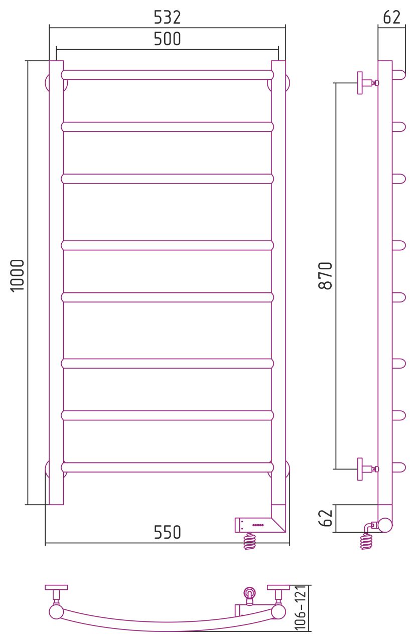Полотенцесушитель электрический "ГАЛАНТ 2.0" 1000х500 / МЭМ правый (Матовый Чёрный)