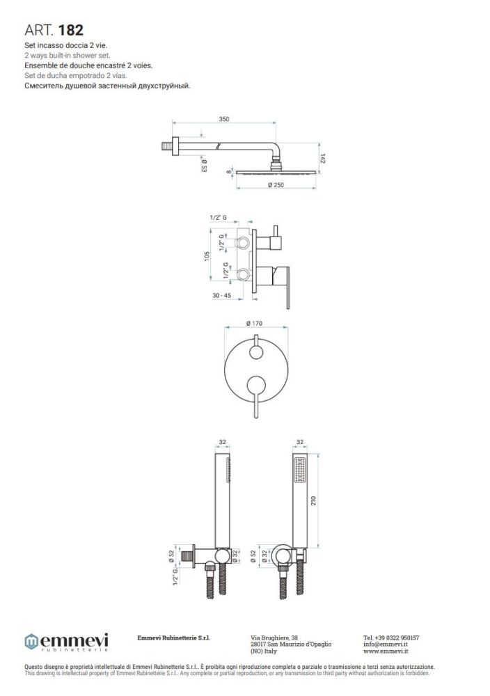Emmevi Filobrass,  душевой комплект на 2 потребителя с круглым верхним душем Ø 250мм и кронштейном 350мм, цвет черный матовый, артикул 182/NEO