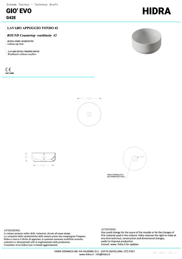 Hidra Gio, накладная круглая раковина Ø42х15h см, цвет белый глянцевый, артикул G42E/001