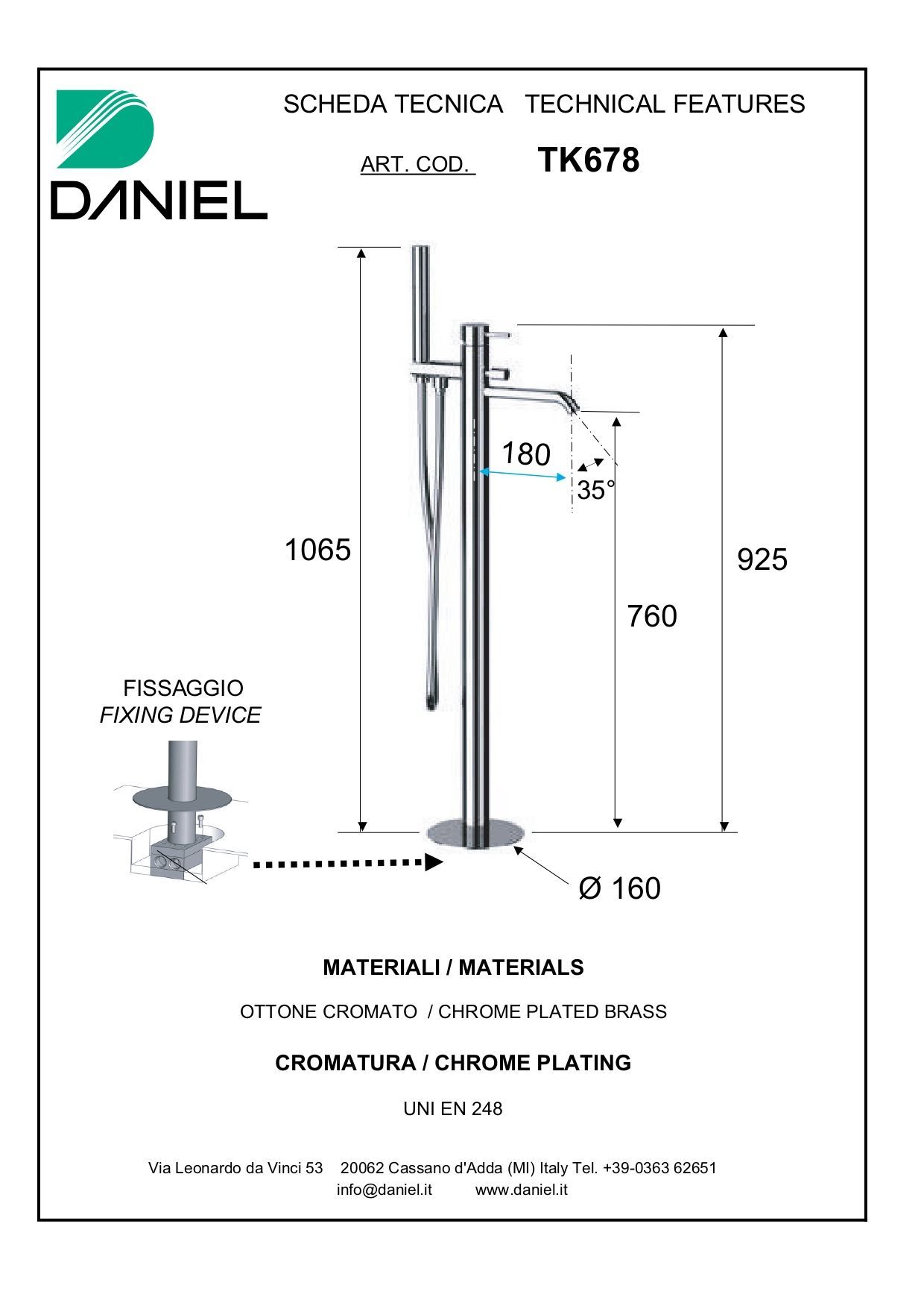 Daniel Tokyo, однорычажный напольный смеситель для ванны с дивертером, цвет хром