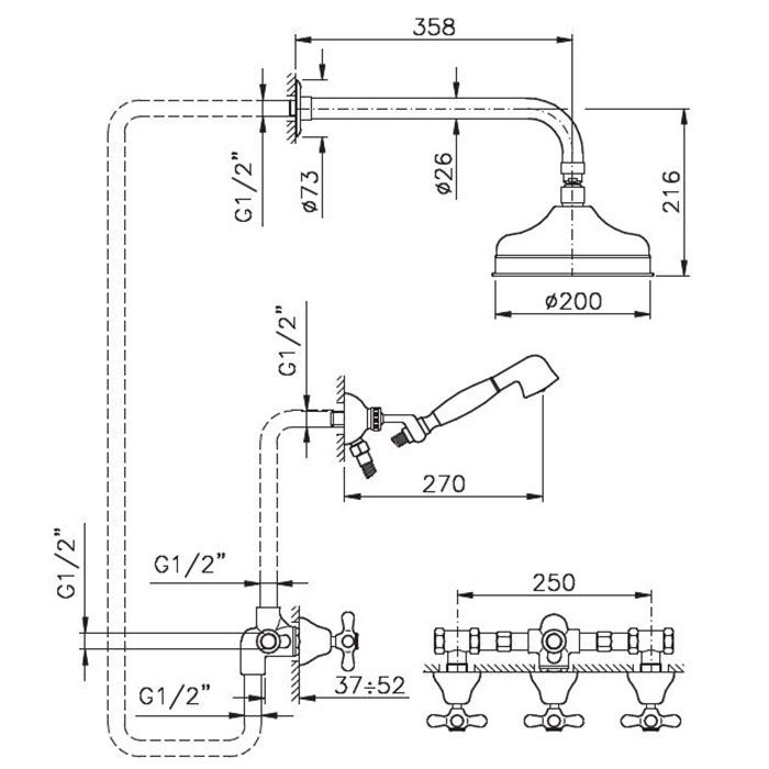 Nicolazzi Nuova Brenta Душевой набор: верхний душ d20 см, комплект ручного душа, встроенный смес. с перекл. цвет: хром