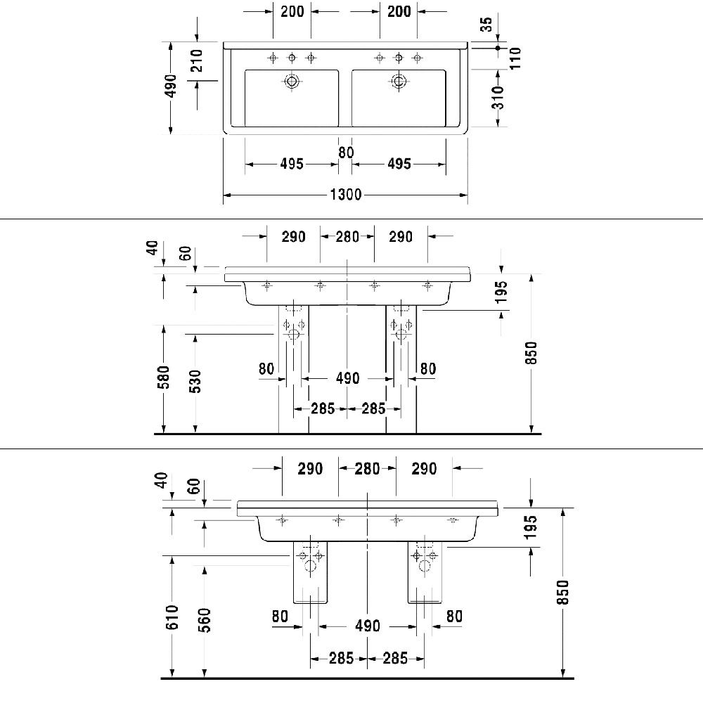 Duravit Starck 3 Раковина двойная 1300х485 мм с 2мя отверстиями под смеситель , с переливом, цвет белый