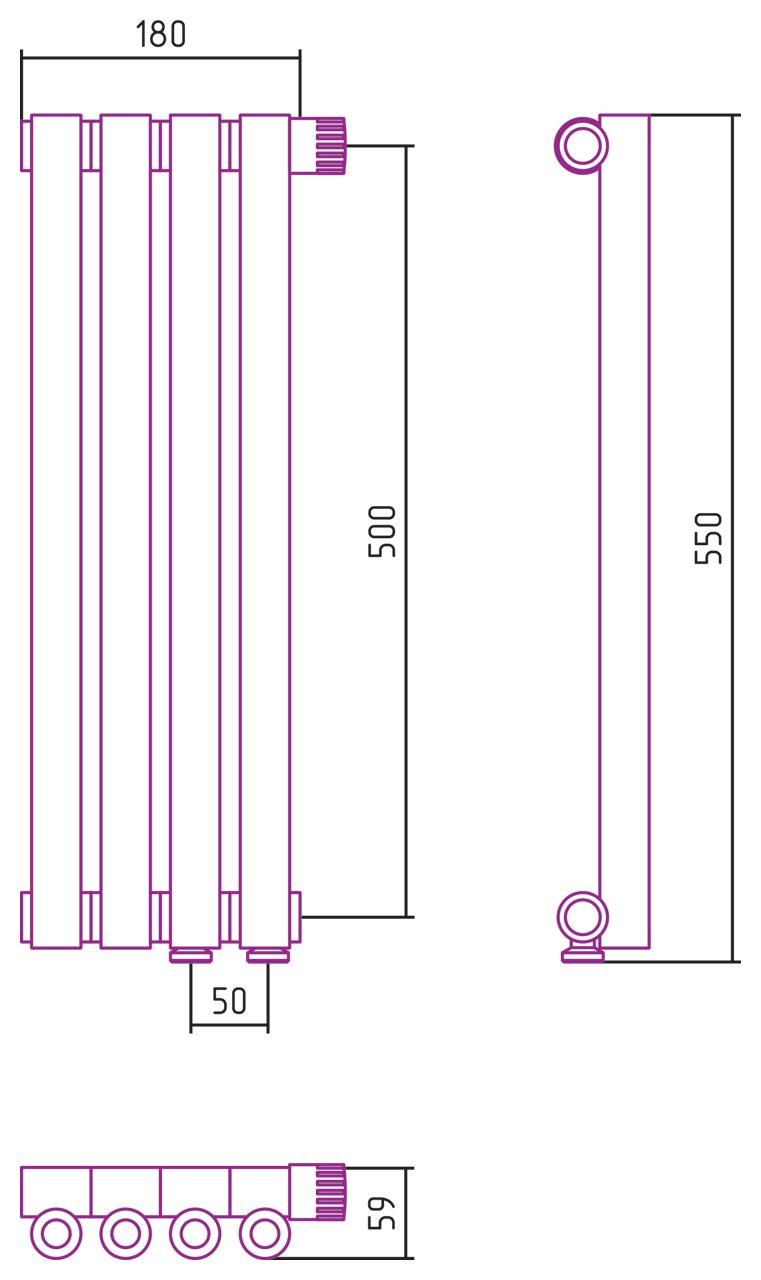 Отопительный радиатор ЭСТЕТ-0 н/ж EU50 правый 500х180 / 4 сек (САТИН)