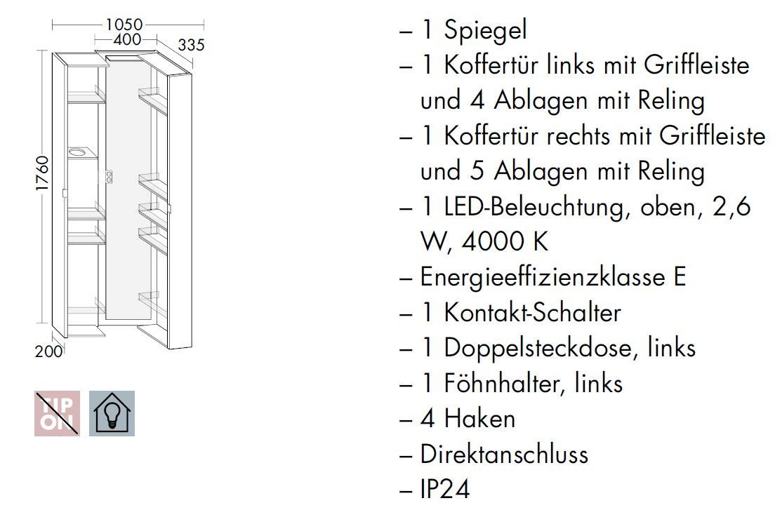 BURGBAD SYS30 Шкаф 400х335х1760 мм, подвес, 1 LED 4000K IP24, 2 створки с полками, держ фена, зеркало, 2 розетка внутри, ручки хром, цв белый матовый BURGBAD SYS30 Шкаф 400х335х1760 мм, подвес, 1 LED 4000K IP24, 2 створки с полками, держ фена, зеркало, 2 розетка внутри, ручки хром, цв белый матовый
