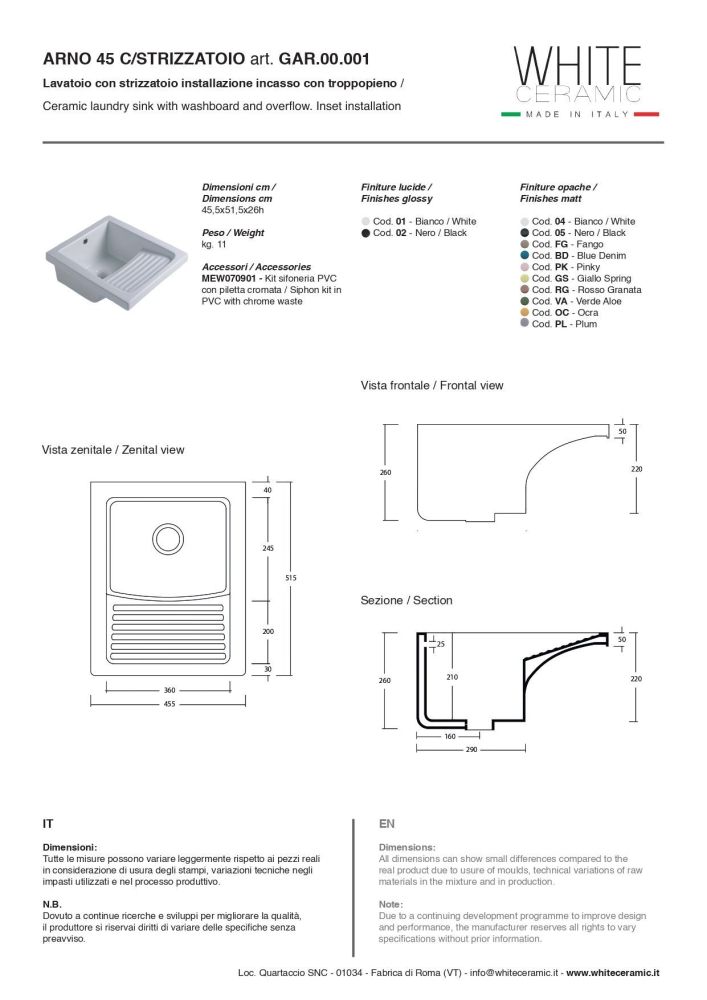 White Ceramic Arno, постирочная/хозяйственная раковина 45х51.5х26h см, цвет белый глянцевый, артикул GAR.00.001
