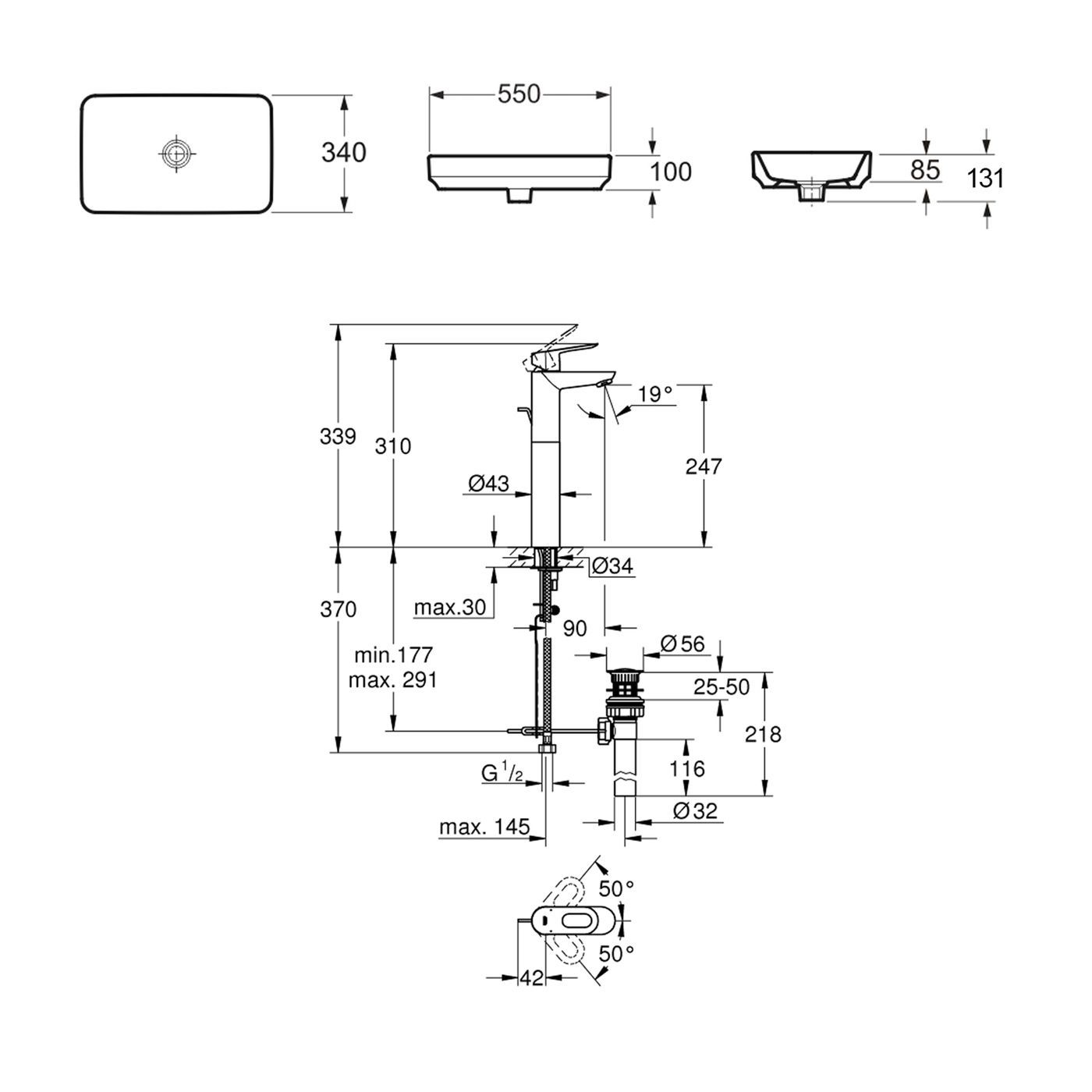 Комплект 2 в 1 Lavinia Boho Bathroom Sink Slim 21510225, накладная фарфоровая раковина 55 см, смеситель с донным клапаном