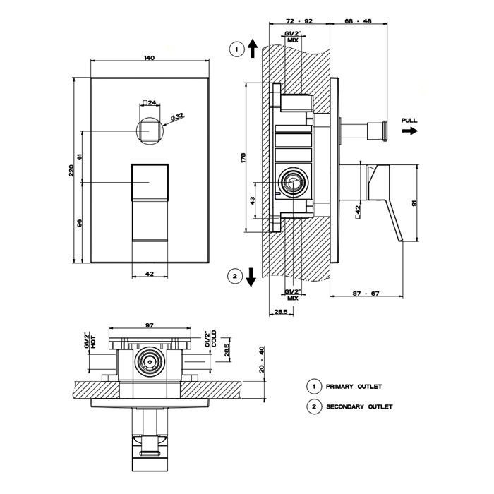 Gessi Rettangolo K Встраиваемый однорычажный смеситель для душа (внешняя часть) с переключателем, цвет: черный
