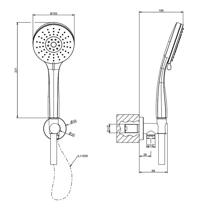 Gessi Emporio Emporio shower Душевой комплект: вывод воды, держатель, шланг 1,50 м и  3-позиционная душевая лейка с защитой от изв. налёта, цвет: Chro