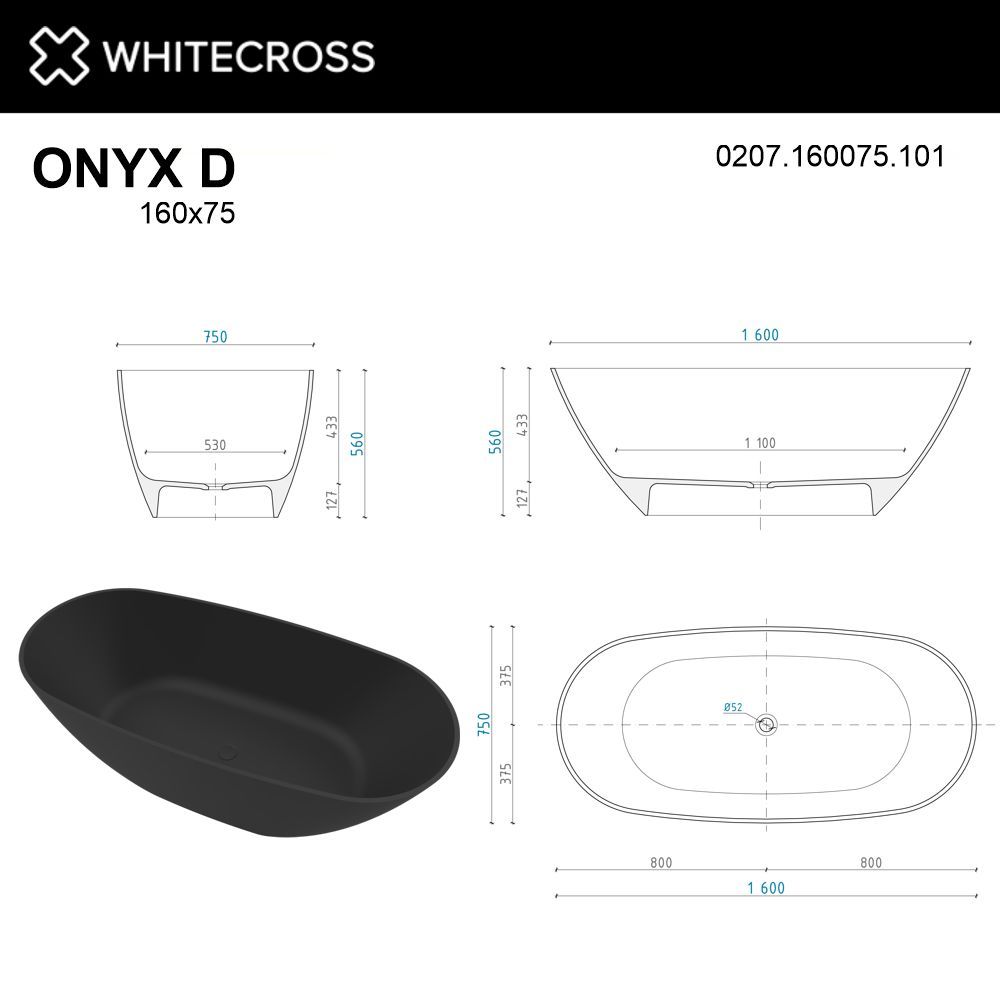 Ванна WHITECROSS Onyx D 160x75 (черный глянец) иск. камень
