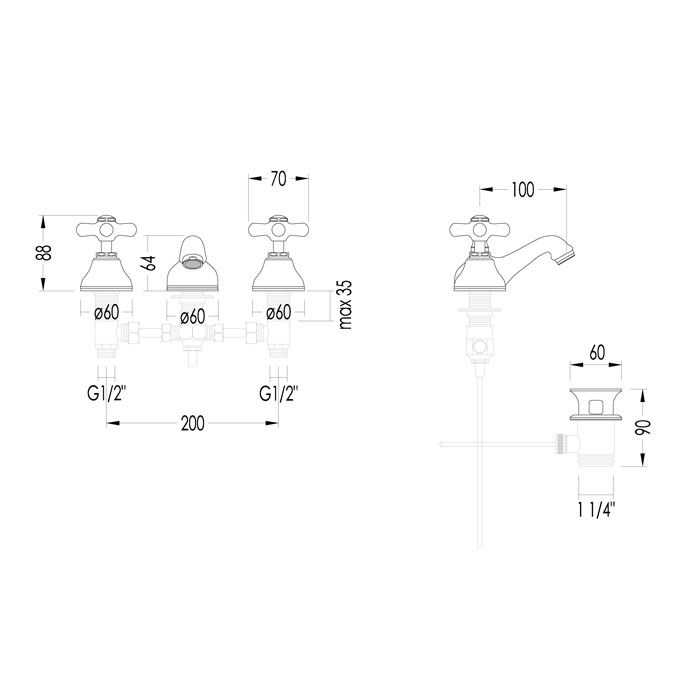 Devon City Смеситель для биде, на 3 отв. с донным клапаном, цвет: хром, артикул UTCI112CR