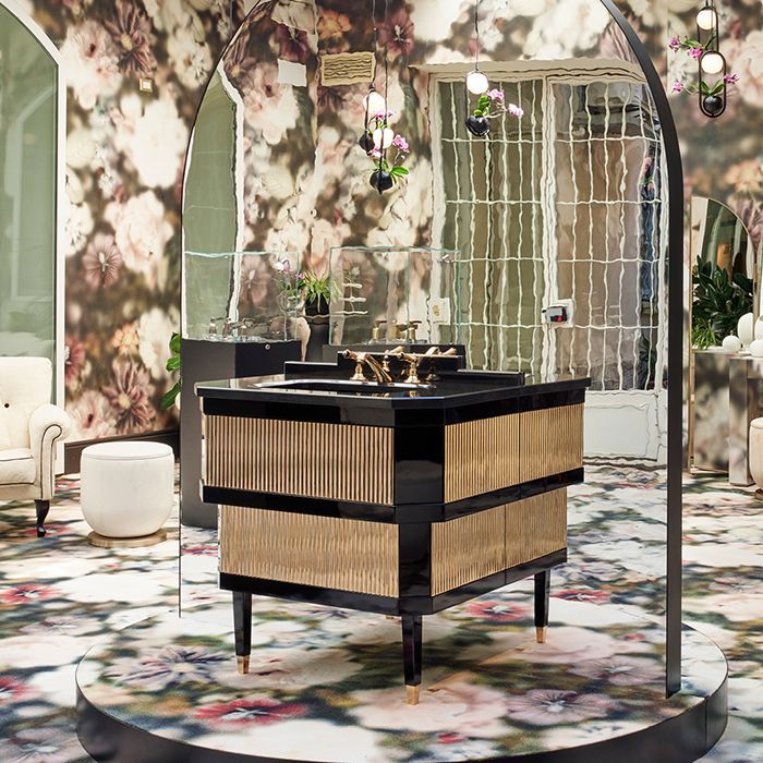 Devon&Devon Metropolitan Тумба под раковину DEEP BLACK 88,5см, планками светл золото, столешница  GRANITO NERO ASSOLUTO, раковина SWINDON черная, артикул METOTGRNSNE