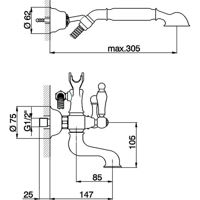 CISAL Arcana Toscana Смеситель настенный для ванны/душа с ручной лейкой,держателем и шлангом, цвет бронза