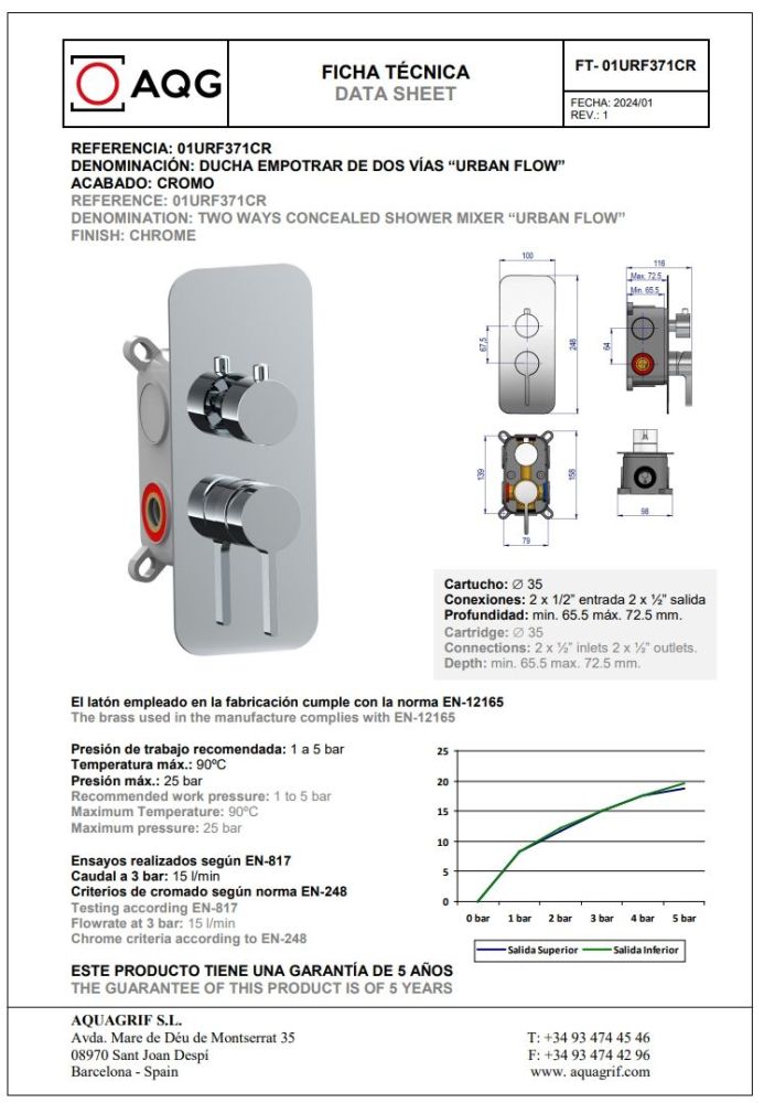 AQG Urban Flow, душевой комплект ER236 на 2 потребителя, с настенным кронштейном, цвет хром, артикул 19URFER23602