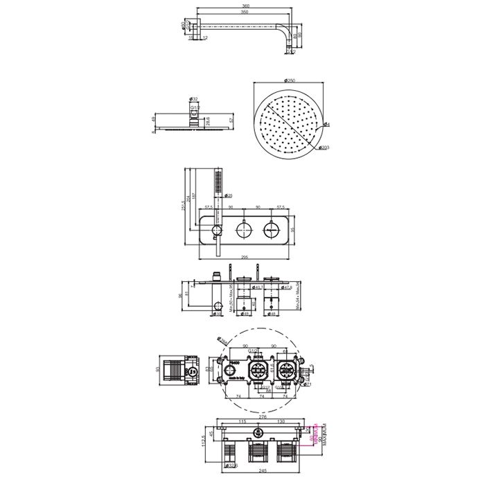 Fima Carlo Frattini Sistemi doccia Душевая система, встраиваемая, верхний душ 25см., с термостатическим смесителем и ручным душем, на 2 выхода, цвет: