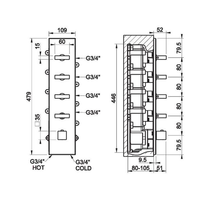 Gessi Rettangolo Встраиваемый термостат, подключение на 3/4”, с 4мя независимыми выходами(внешние части), цвет: черный
