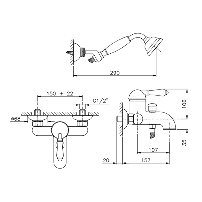 Nicolazzi P.m. Blanc Смеситель для ванны однорычажный, настенный, с ручным душем, ручки белая керамика, цвет: тёмная бронза