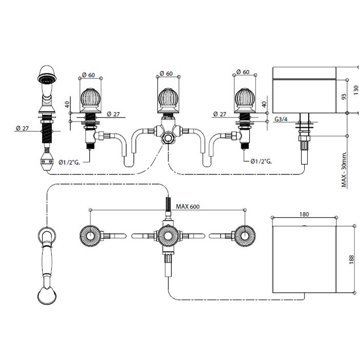 Bongio Rivoli Смеситель на борт ванны (5 отв.) излив-водопад с ручным душем, цвет хром/cristallo 00
