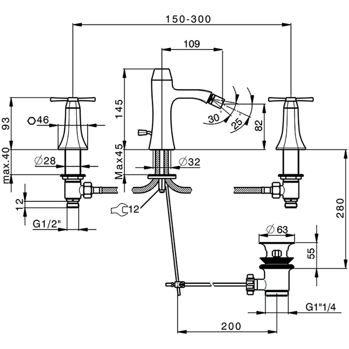 CISAL Cherie Смеситель для биде на 3 отверстия, с донным клапаном, цвет розовое золото/черный