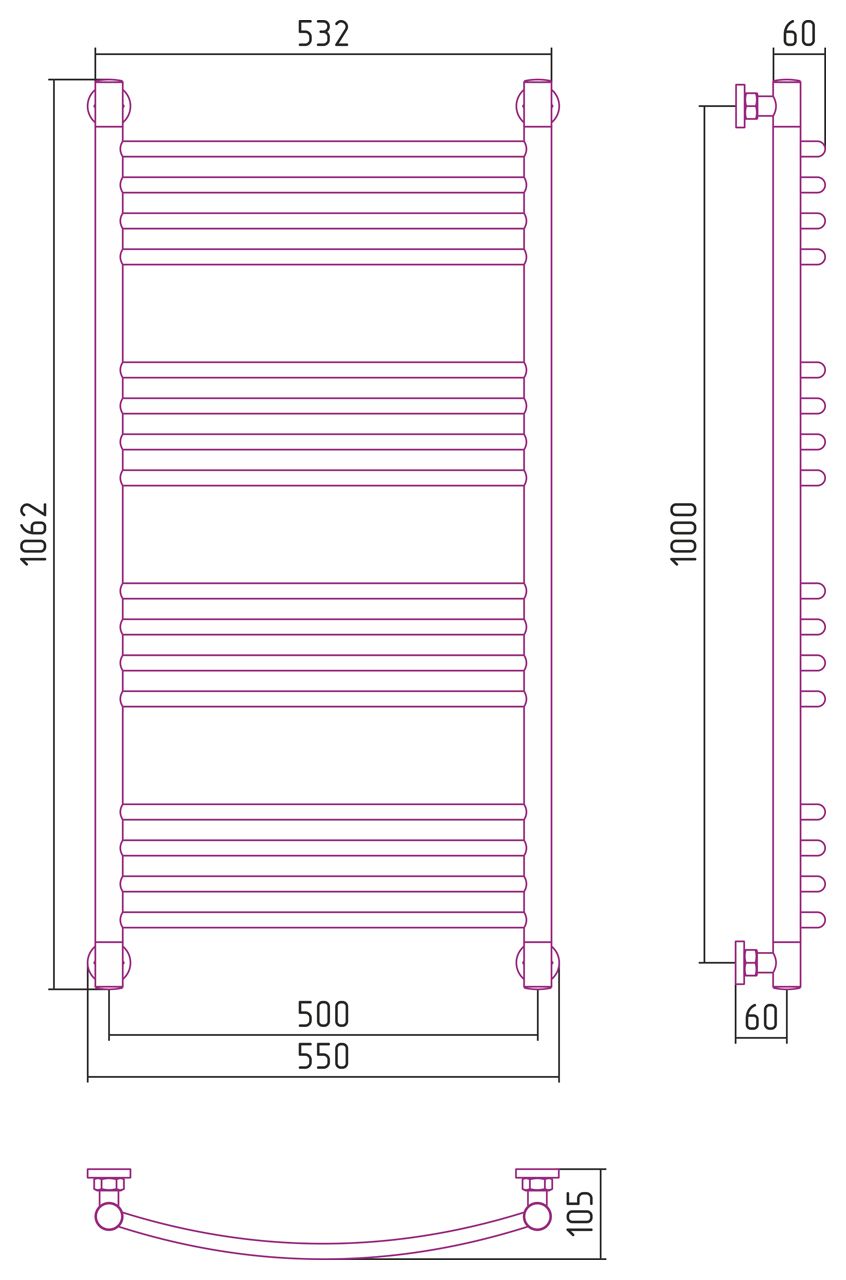 Полотенцесушитель водяной "Богема+" 1000х500 (Матовое ЗОЛОТО)