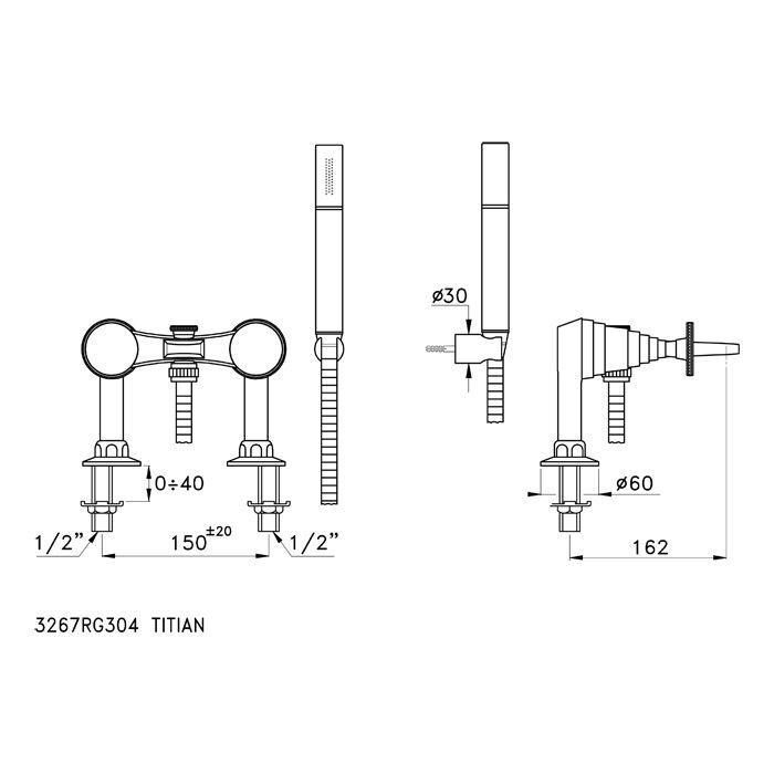 Stella Titian Смеситель на борт ванны на 2 отверстия 3267RG304 с ручным душем, цвет: хром