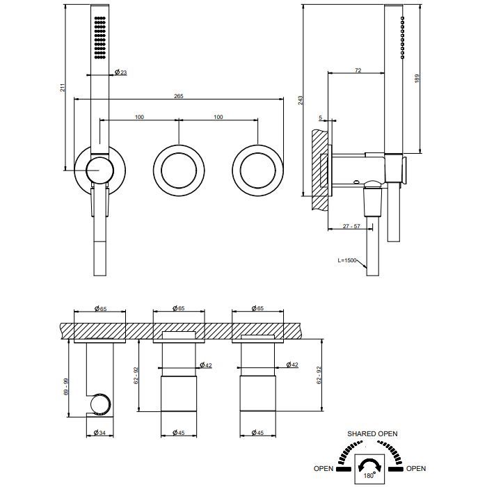 GESSI HABITO UNITO Смеситель настенный встраиваемый, однорычажный, с перекл.на 2 пол/, с ручным душем, наст держателем, цвет Brass Brushed PVD